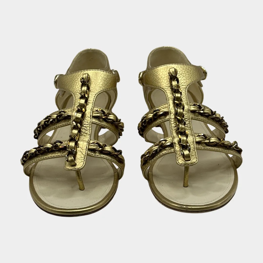 CHANEL women's gold grained leather gladiator sandals with chains trimmings