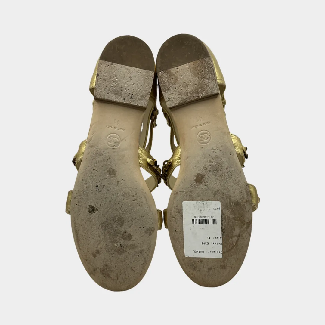 CHANEL women's gold grained leather gladiator sandals with chains trimmings