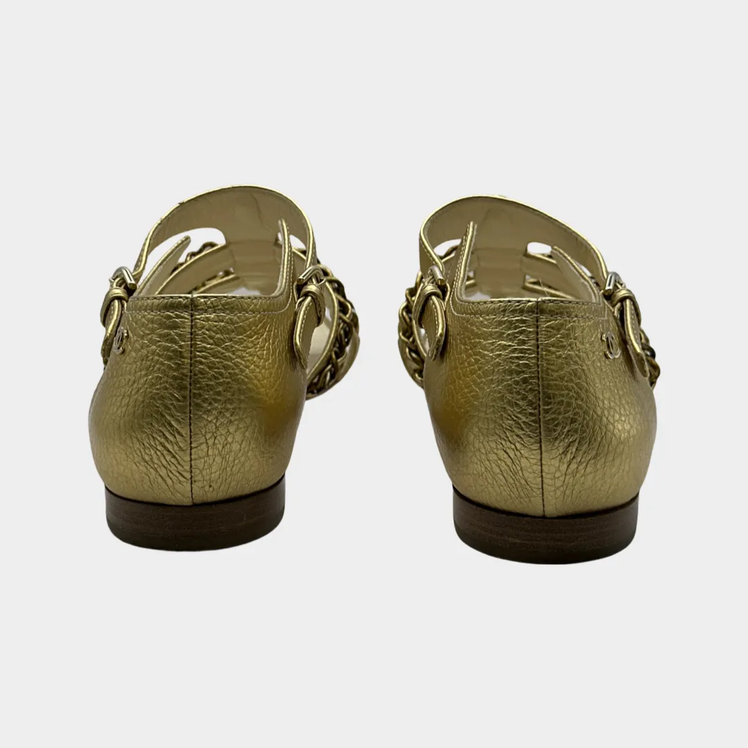 CHANEL women's gold grained leather gladiator sandals with chains trimmings