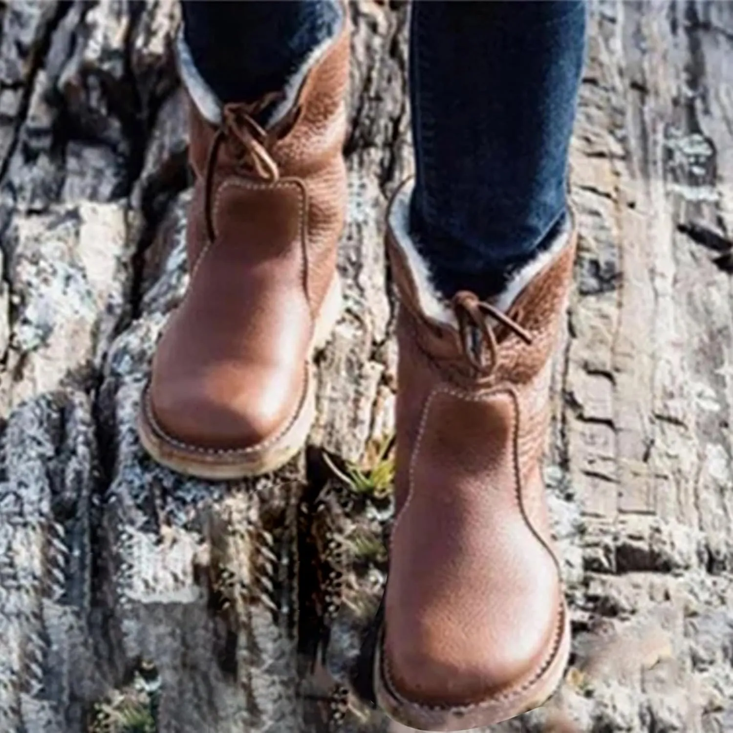 Christmas Mid Calf Boots for Women Warm Fur Winter Snow Boots Wide Calf Lace Up Boots Anti-slip Outdoor Walking shoes