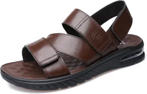 Classic Genuine Leather Sandals for Men Adjustable Casual Outdoor Water Shoes Open Toe Hook&Loop Strap Flat Anti-Slip Solid Color Anti-Slip