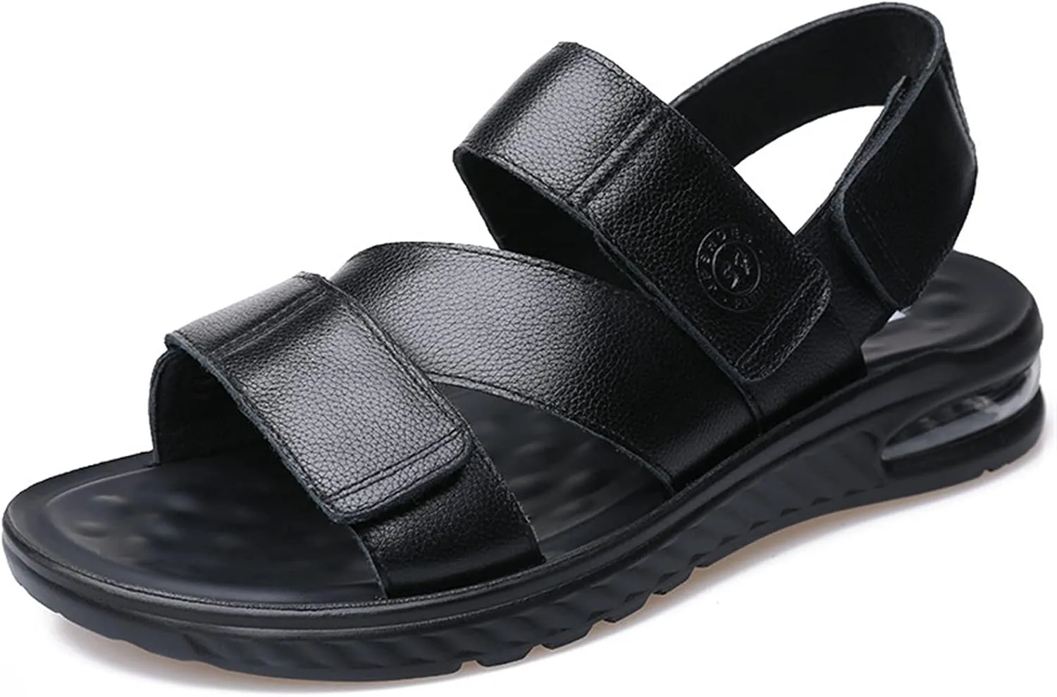 Classic Genuine Leather Sandals for Men Adjustable Casual Outdoor Water Shoes Open Toe Hook&Loop Strap Flat Anti-Slip Solid Color Anti-Slip