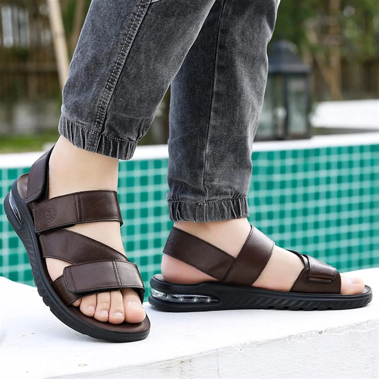 Classic Genuine Leather Sandals for Men Adjustable Casual Outdoor Water Shoes Open Toe Hook&Loop Strap Flat Anti-Slip Solid Color Anti-Slip