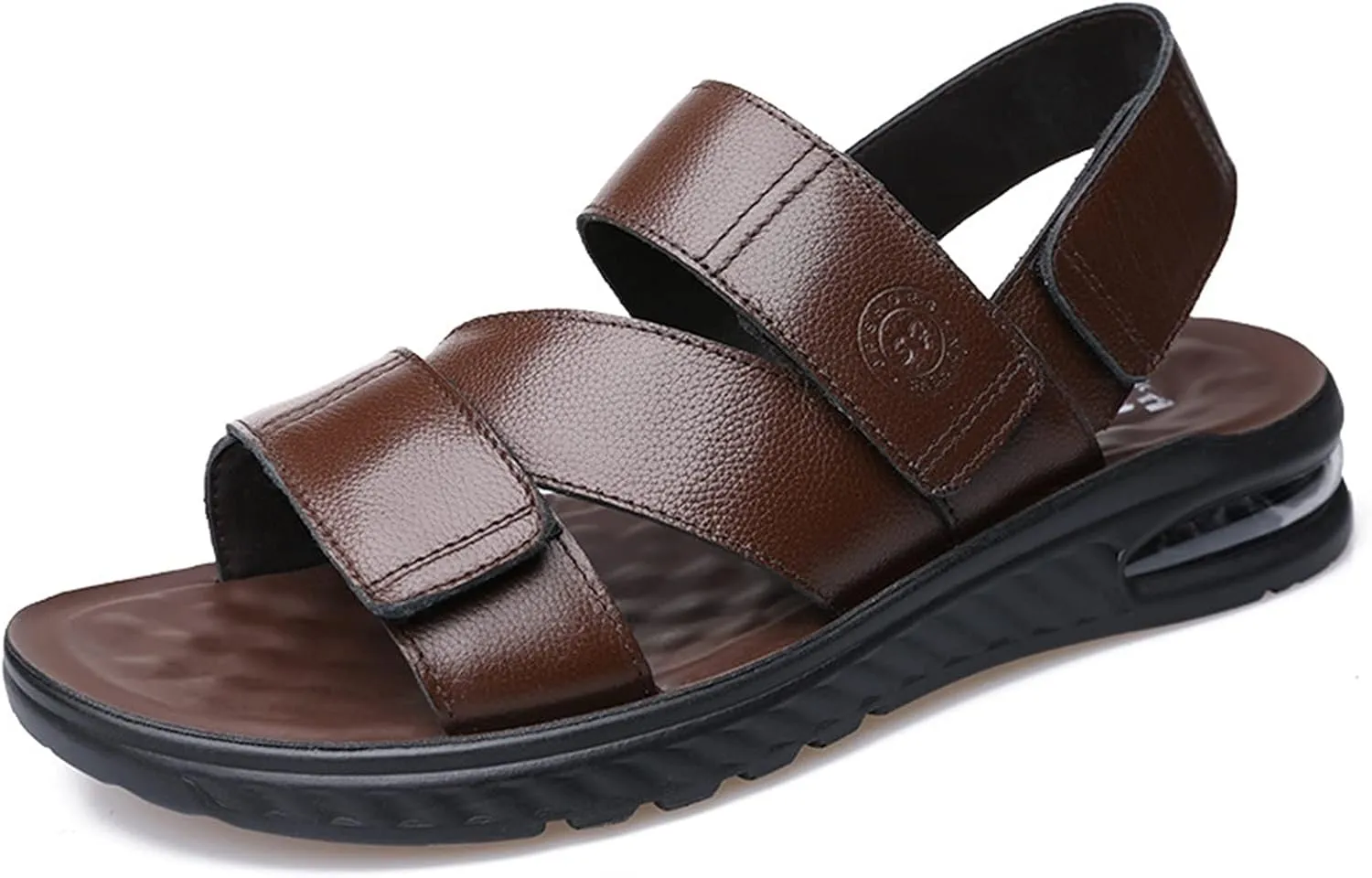 Classic Genuine Leather Sandals for Men Adjustable Casual Outdoor Water Shoes Open Toe Hook&Loop Strap Flat Anti-Slip Solid Color Anti-Slip