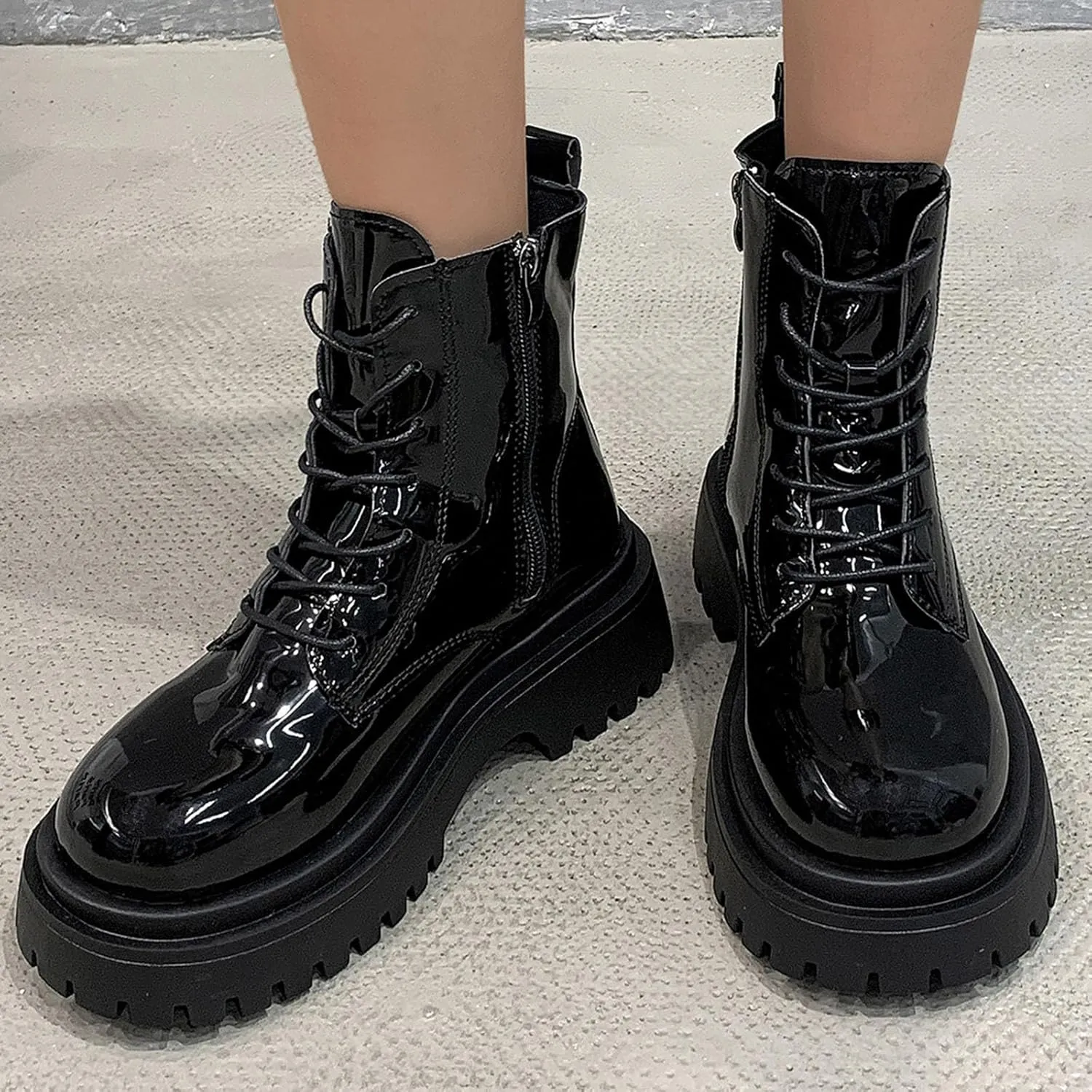 Combat Boots for Women Fashion Casual Patent Leather Non Slip Round Toe Platform Chunky Block Heels Ankle Booties with Side Zipper Lace Up Motorcycle Riding Short Boots for Winter Fall