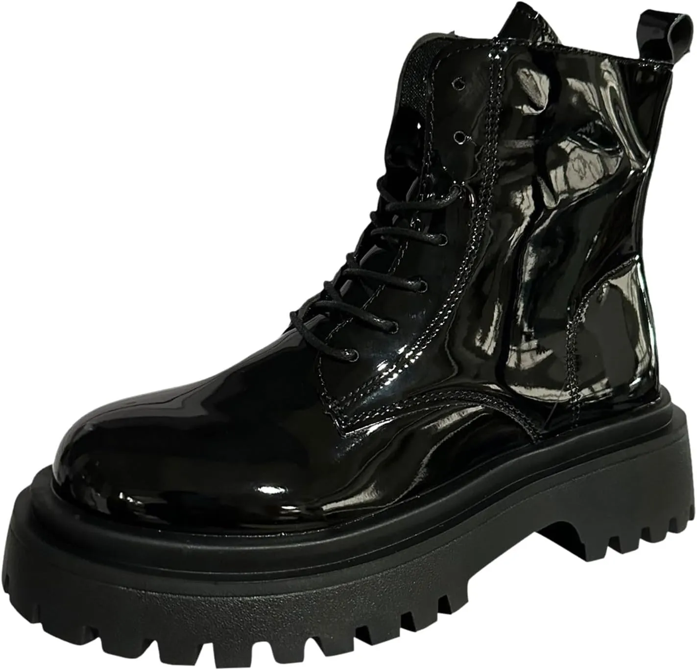 Combat Boots for Women Fashion Casual Patent Leather Non Slip Round Toe Platform Chunky Block Heels Ankle Booties with Side Zipper Lace Up Motorcycle Riding Short Boots for Winter Fall