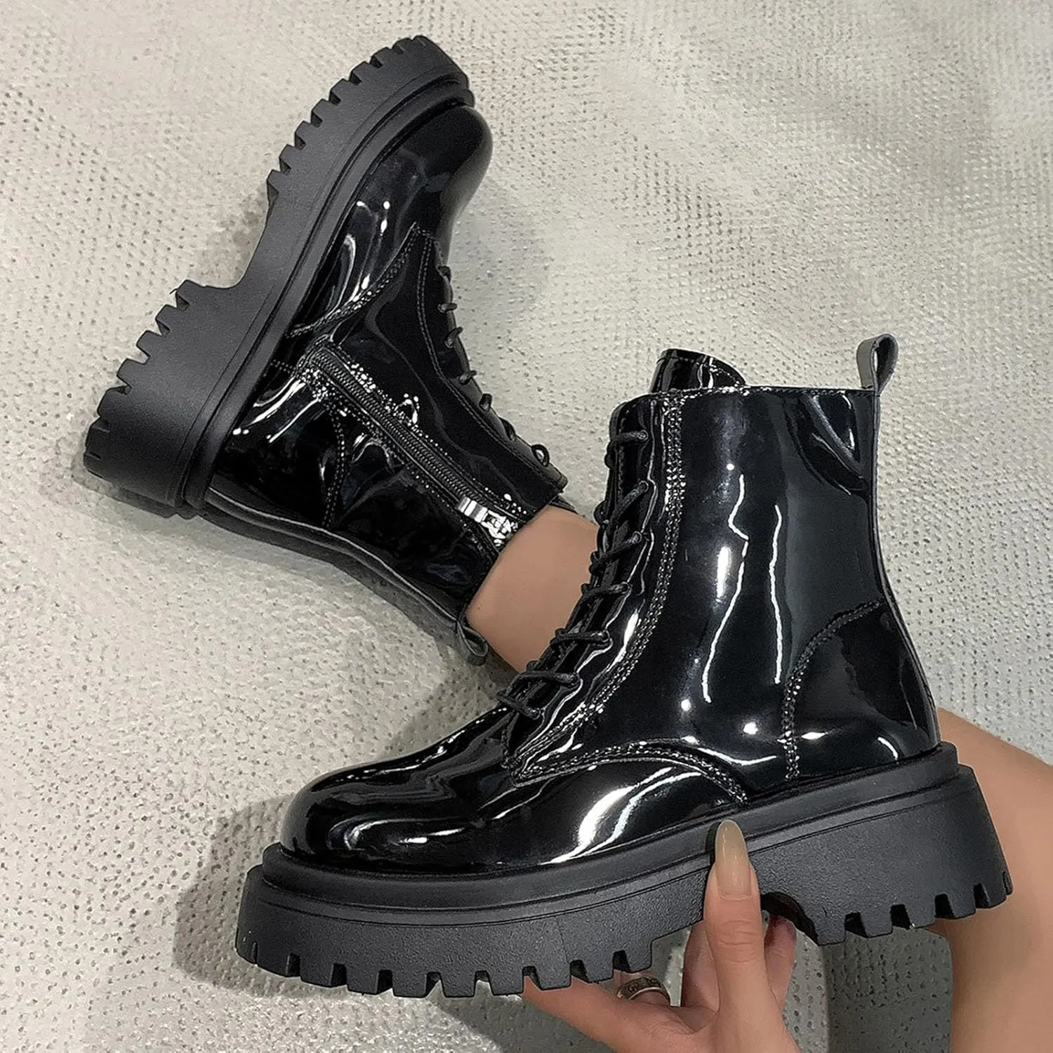 Combat Boots for Women Fashion Casual Patent Leather Non Slip Round Toe Platform Chunky Block Heels Ankle Booties with Side Zipper Lace Up Motorcycle Riding Short Boots for Winter Fall