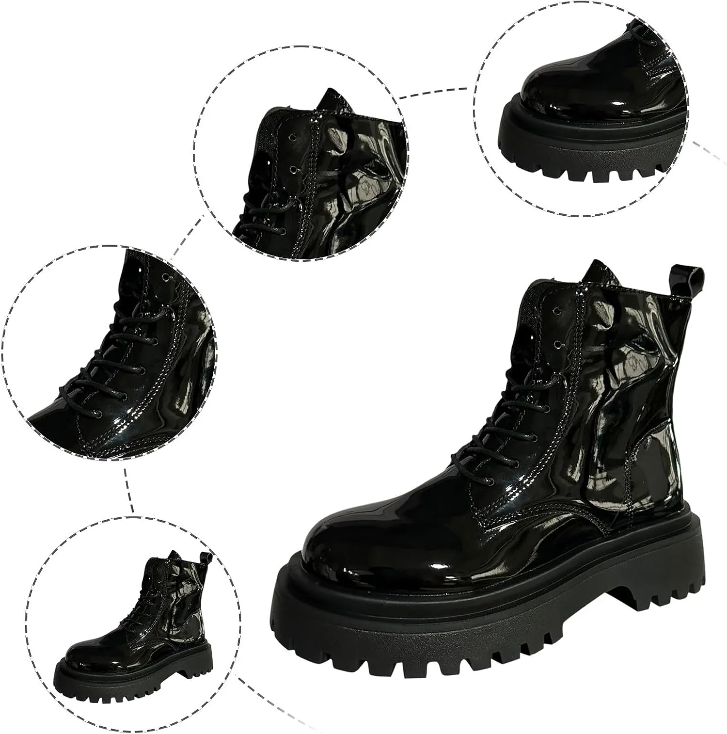 Combat Boots for Women Fashion Casual Patent Leather Non Slip Round Toe Platform Chunky Block Heels Ankle Booties with Side Zipper Lace Up Motorcycle Riding Short Boots for Winter Fall