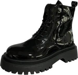 Combat Boots for Women Fashion Casual Patent Leather Non Slip Round Toe Platform Chunky Block Heels Ankle Booties with Side Zipper Lace Up Motorcycle Riding Short Boots for Winter Fall