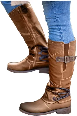 Combat Boots for Women Square Toe Shoes Vintage Casual Leather Chunky Block Low Heels Motorcycle Riding Mid Calf Boots
