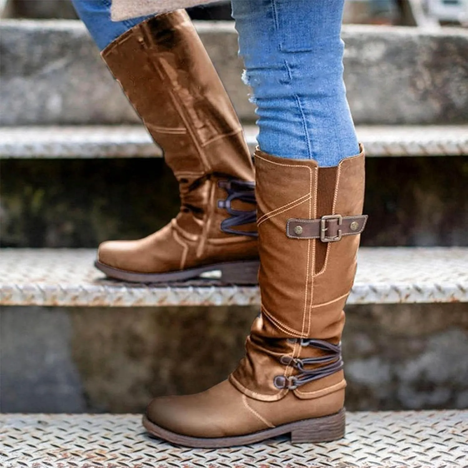 Combat Boots for Women Square Toe Shoes Vintage Casual Leather Chunky Block Low Heels Motorcycle Riding Mid Calf Boots