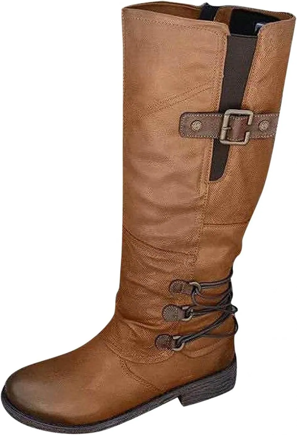 Combat Boots for Women Square Toe Shoes Vintage Casual Leather Chunky Block Low Heels Motorcycle Riding Mid Calf Boots