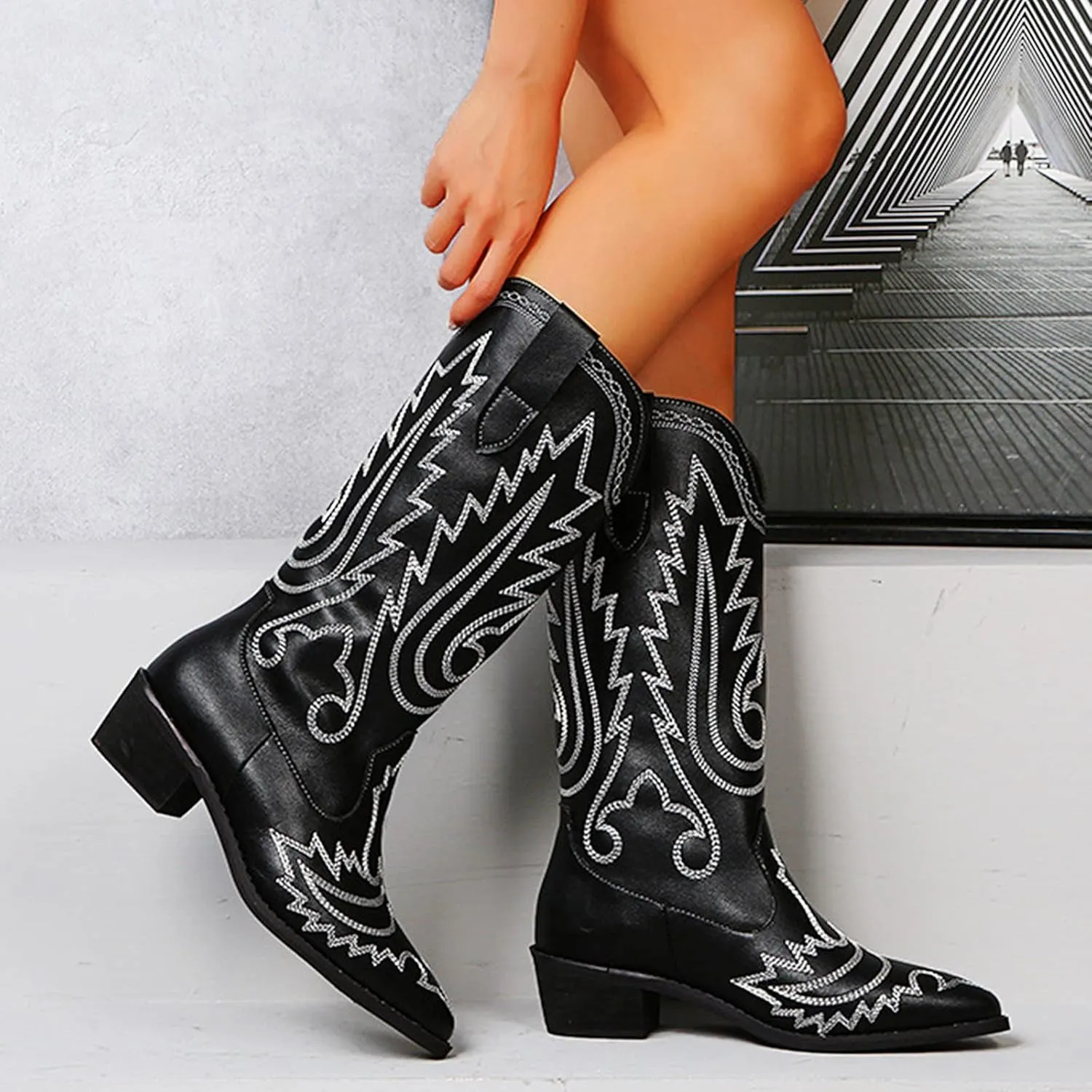 Combat Boots Womens Embroidery Cowboy Boots Pointed Chunky Heel Thigh High Boots Pull On Knee High Boots