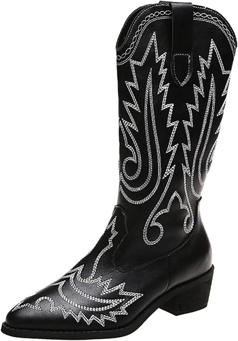 Combat Boots Womens Embroidery Cowboy Boots Pointed Chunky Heel Thigh High Boots Pull On Knee High Boots