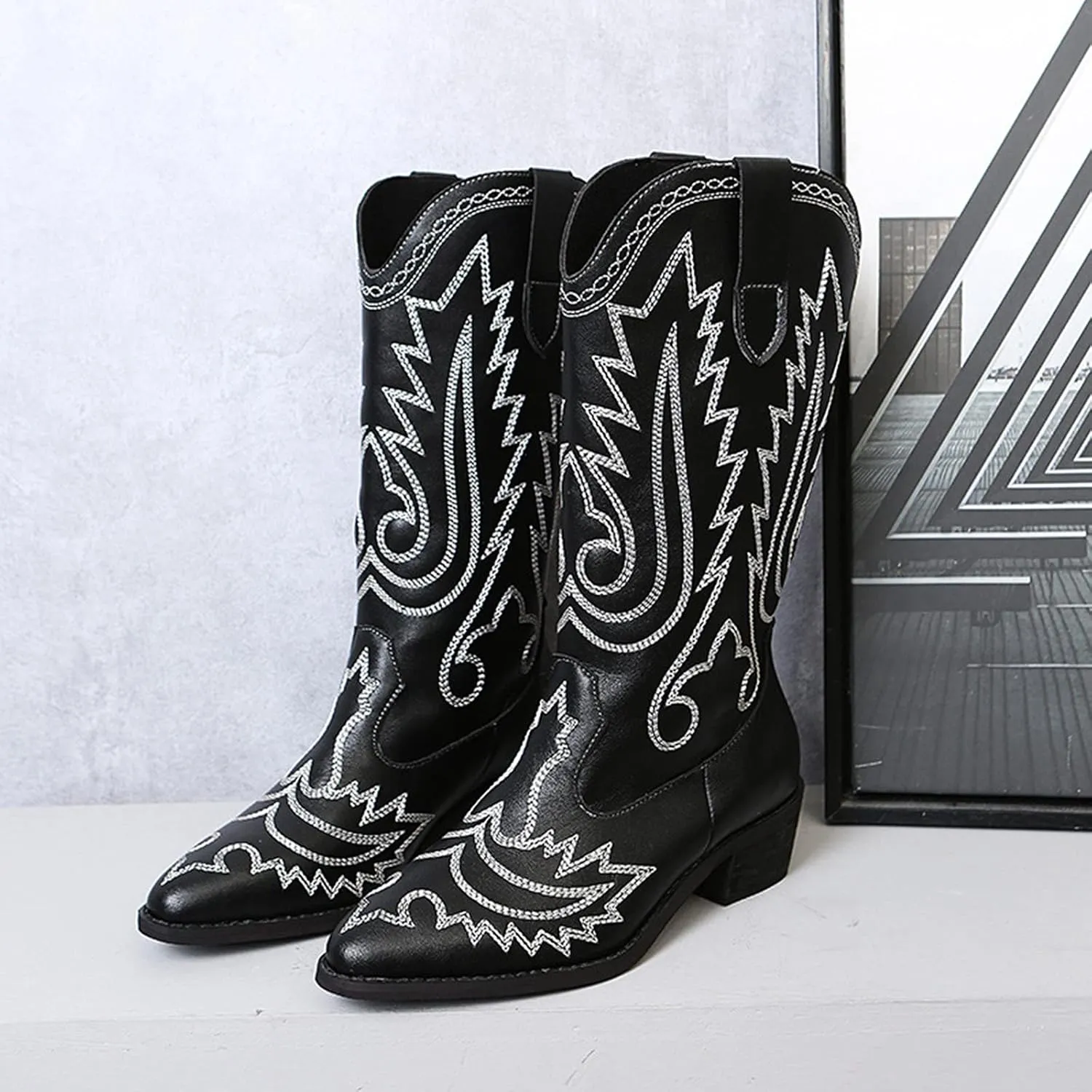 Combat Boots Womens Embroidery Cowboy Boots Pointed Chunky Heel Thigh High Boots Pull On Knee High Boots