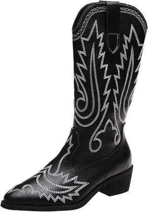 Combat Boots Womens Embroidery Cowboy Boots Pointed Chunky Heel Thigh High Boots Pull On Knee High Boots