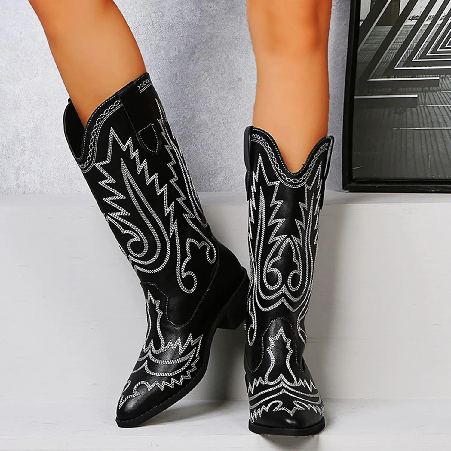 Combat Boots Womens Embroidery Cowboy Boots Pointed Chunky Heel Thigh High Boots Pull On Knee High Boots