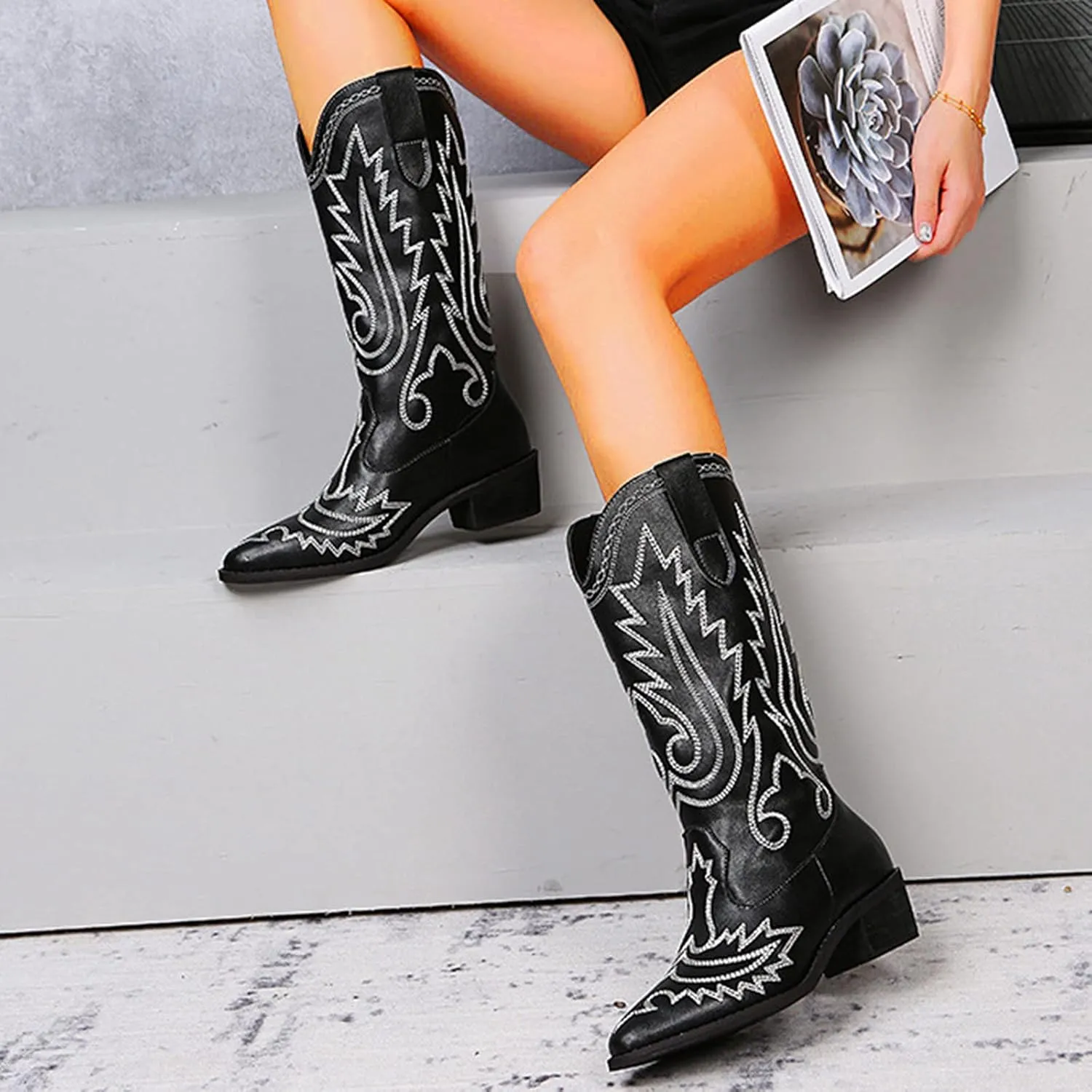 Combat Boots Womens Embroidery Cowboy Boots Pointed Chunky Heel Thigh High Boots Pull On Knee High Boots
