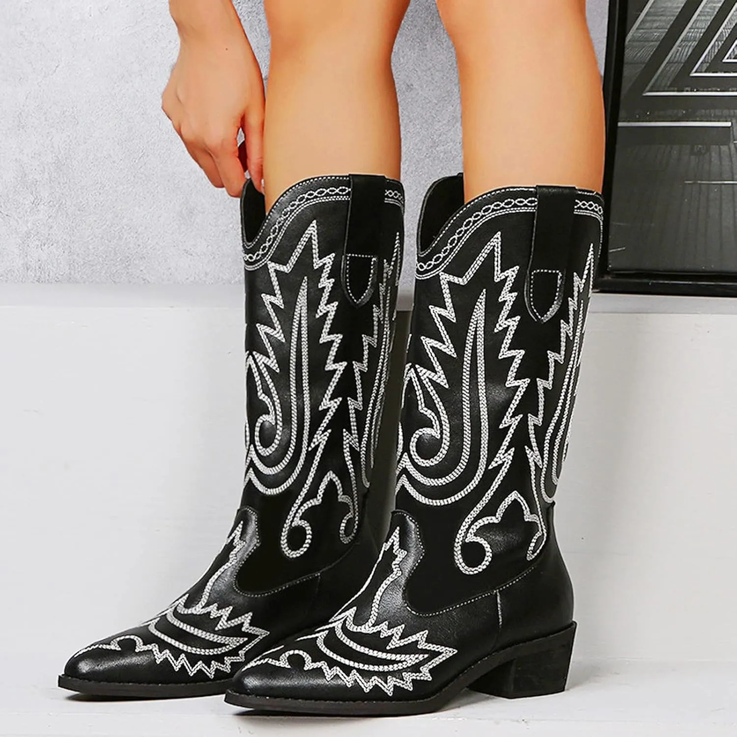 Combat Boots Womens Embroidery Cowboy Boots Pointed Chunky Heel Thigh High Boots Pull On Knee High Boots