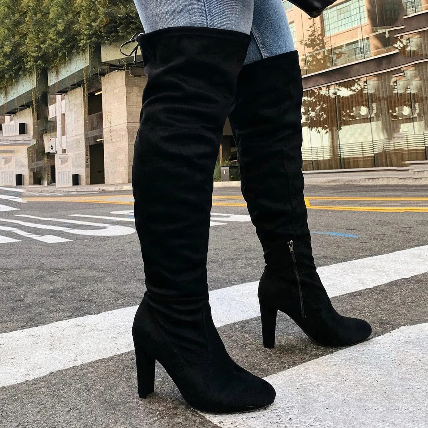 Combat Boots Womens High Chunky Heeled Over Knee Boots Zipper Pointed Suede Thigh High Boots Long Bootie