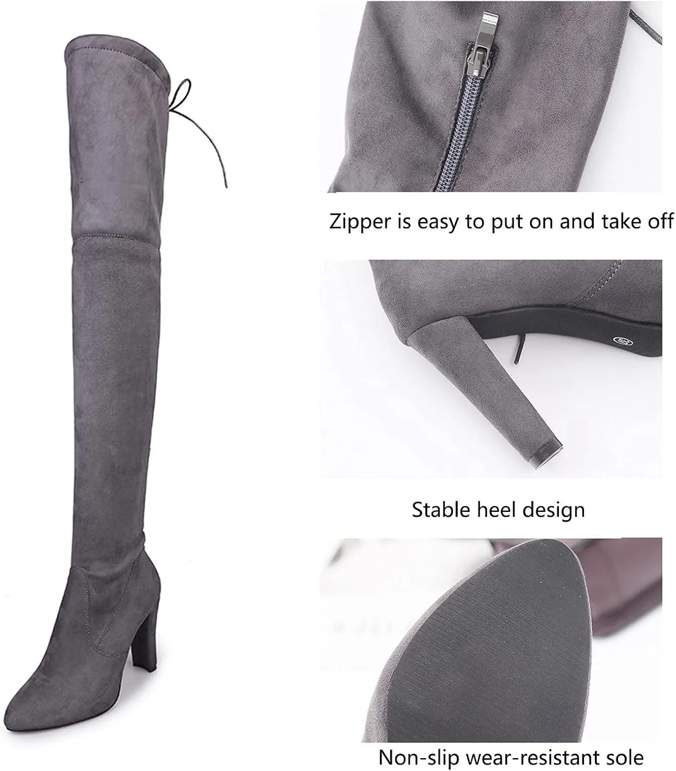 Combat Boots Womens High Chunky Heeled Over Knee Boots Zipper Pointed Suede Thigh High Boots Long Bootie