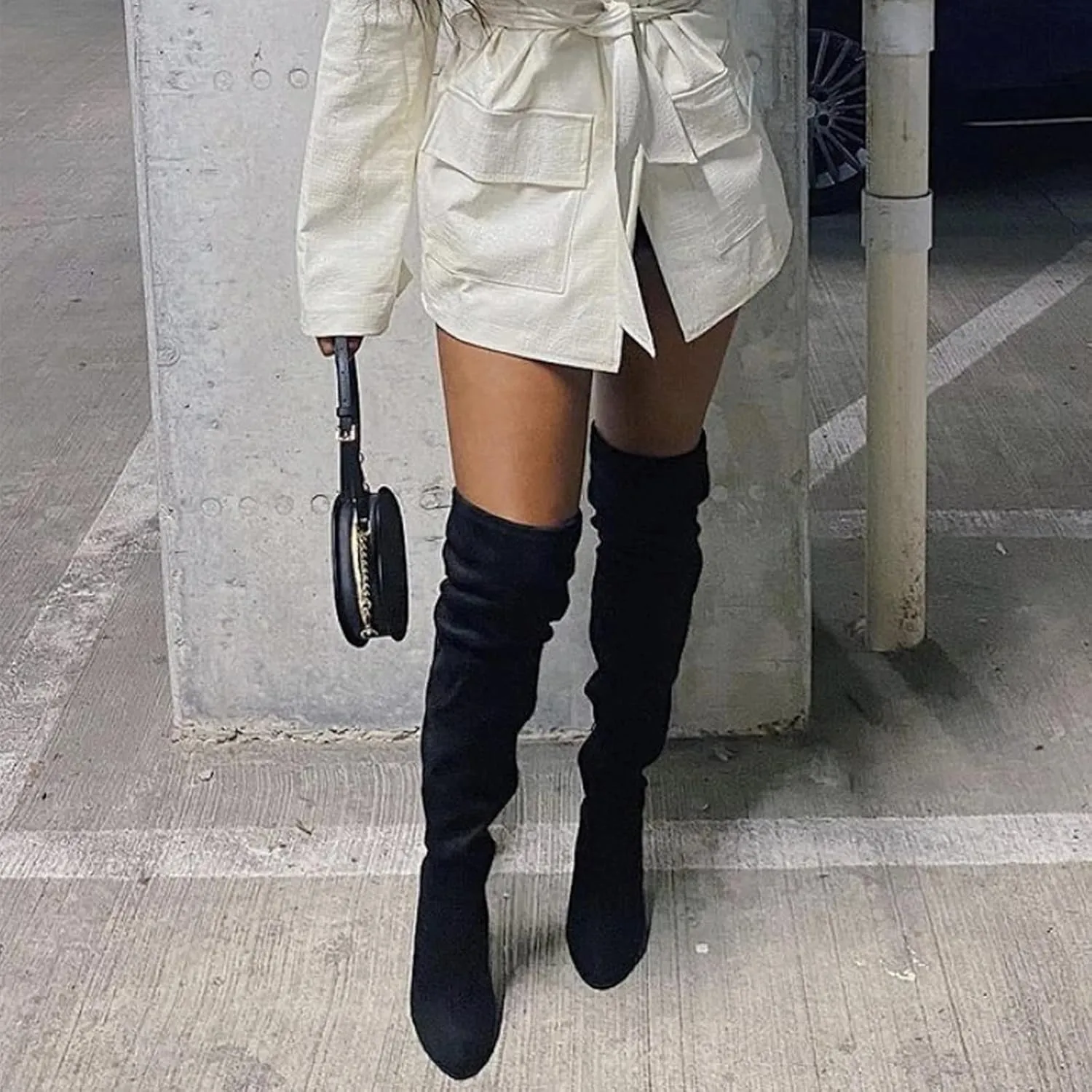 Combat Boots Womens High Chunky Heeled Over Knee Boots Zipper Pointed Suede Thigh High Boots Long Bootie