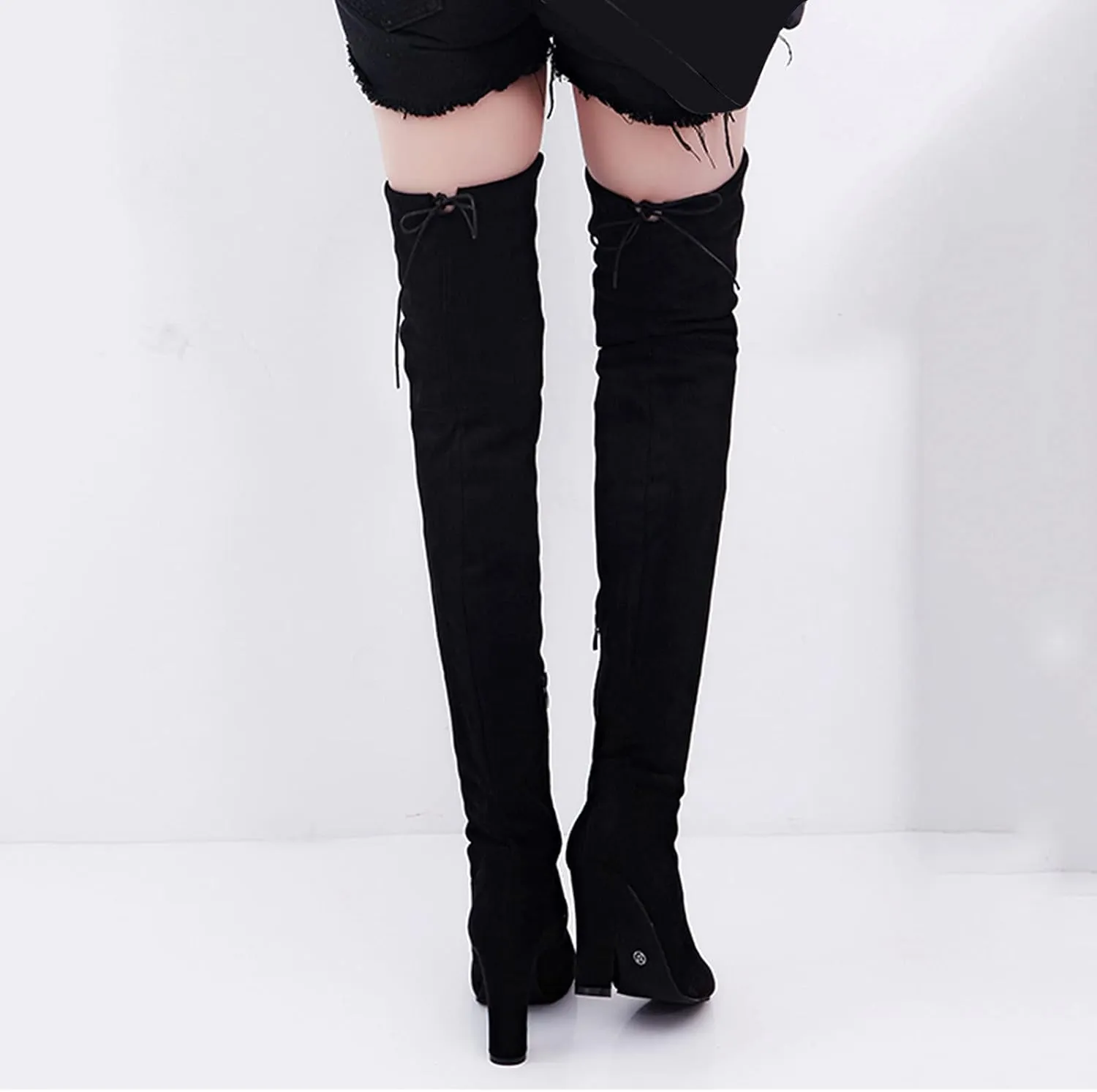 Combat Boots Womens High Chunky Heeled Over Knee Boots Zipper Pointed Suede Thigh High Boots Long Bootie