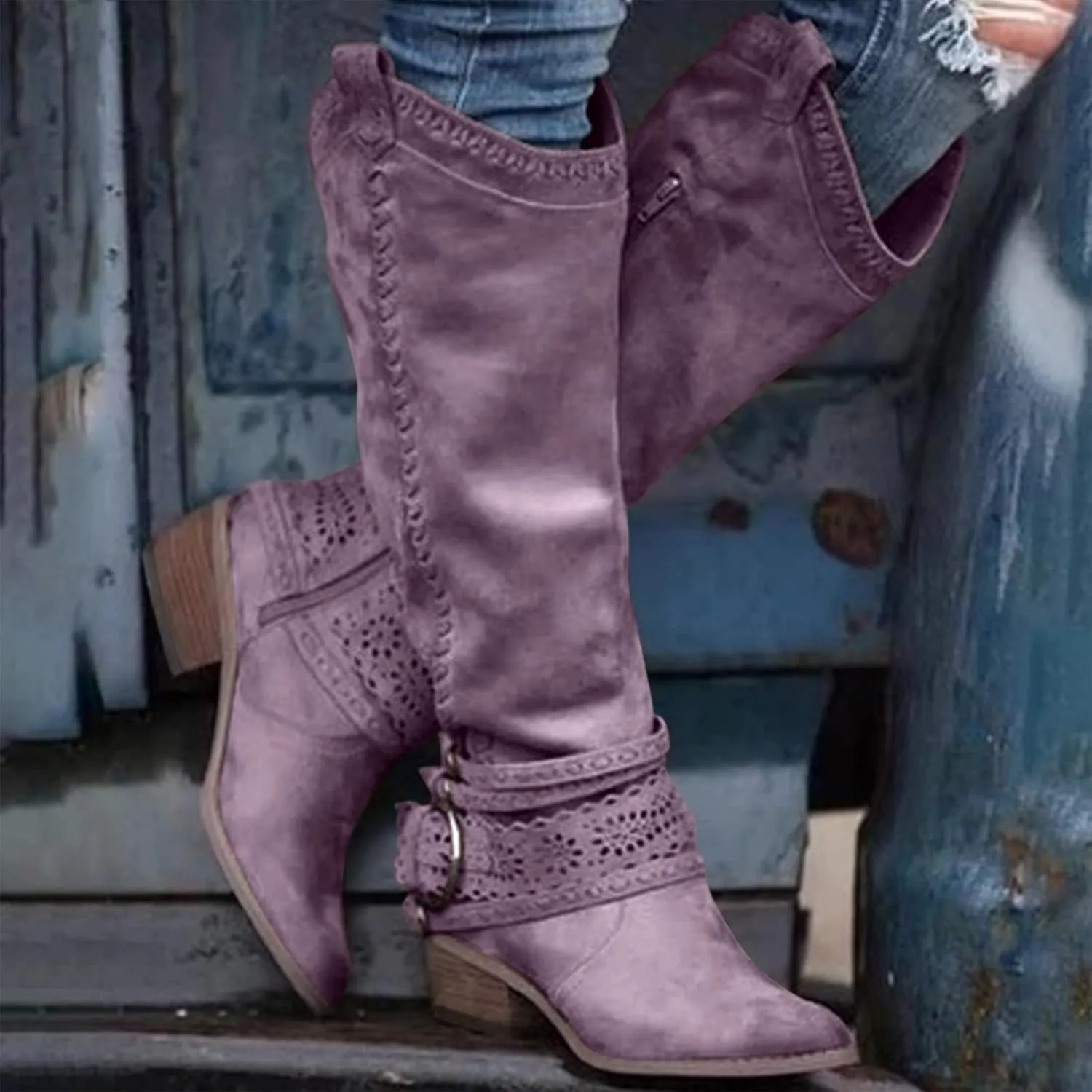 Combat Boots Womens Retro Hollow Lace Thigh High Boots Low Chunky Heel Buckle Knee Tall Long High Boots
