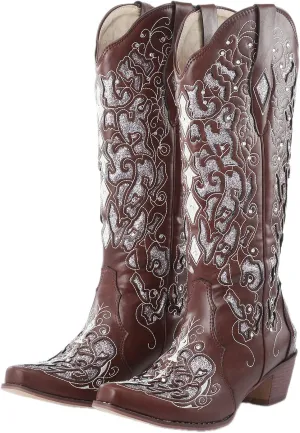 Cowboy Boots for Women Cowgirl Boots Western Boots Chunky Heel Pointed Toe Pull On Rhinestones Embroidered Knee High Boots Mid Calf Boots Fashion Long Tall Boots Sparkling Bride Wedding Shoes