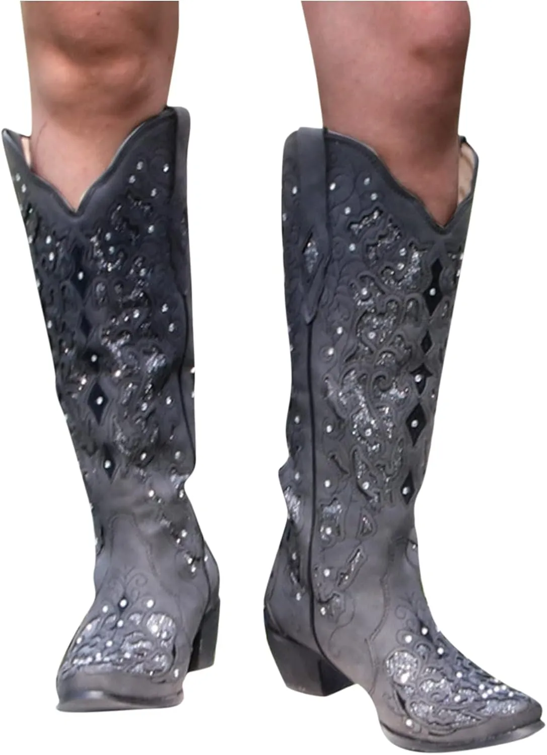 Cowboy Boots for Women Cowgirl Boots Western Boots Chunky Heel Pointed Toe Pull On Rhinestones Embroidered Knee High Boots Mid Calf Boots Fashion Long Tall Boots Sparkling Bride Wedding Shoes