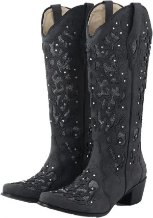Cowboy Boots for Women Cowgirl Boots Western Boots Chunky Heel Pointed Toe Pull On Rhinestones Embroidered Knee High Boots Mid Calf Boots Fashion Long Tall Boots Sparkling Bride Wedding Shoes