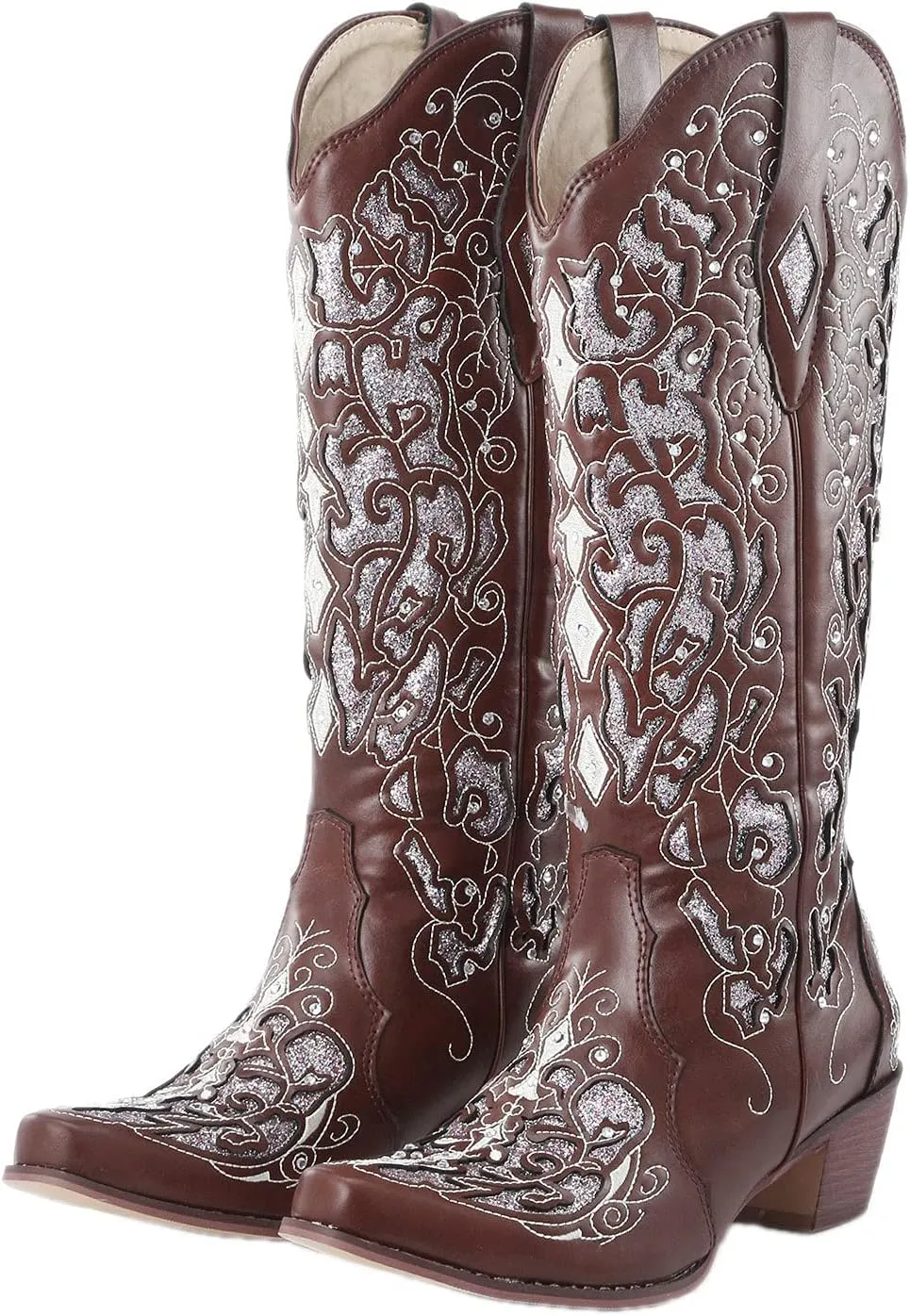 Cowboy Boots for Women Cowgirl Boots Western Boots Chunky Heel Pointed Toe Pull On Rhinestones Embroidered Knee High Boots Mid Calf Boots Fashion Long Tall Boots Sparkling Bride Wedding Shoes