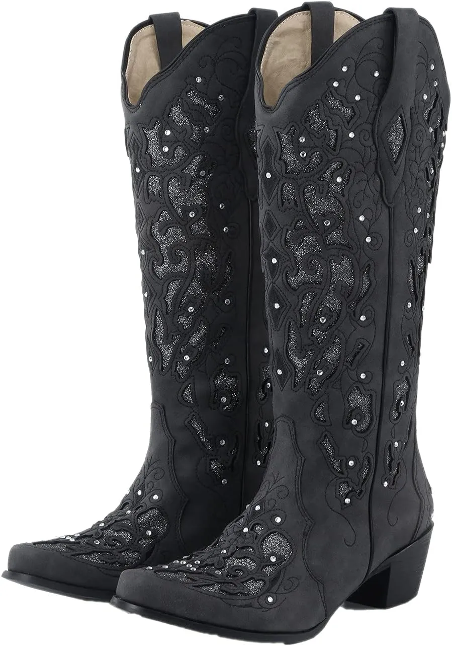 Cowboy Boots for Women Cowgirl Boots Western Boots Chunky Heel Pointed Toe Pull On Rhinestones Embroidered Knee High Boots Mid Calf Boots Fashion Long Tall Boots Sparkling Bride Wedding Shoes