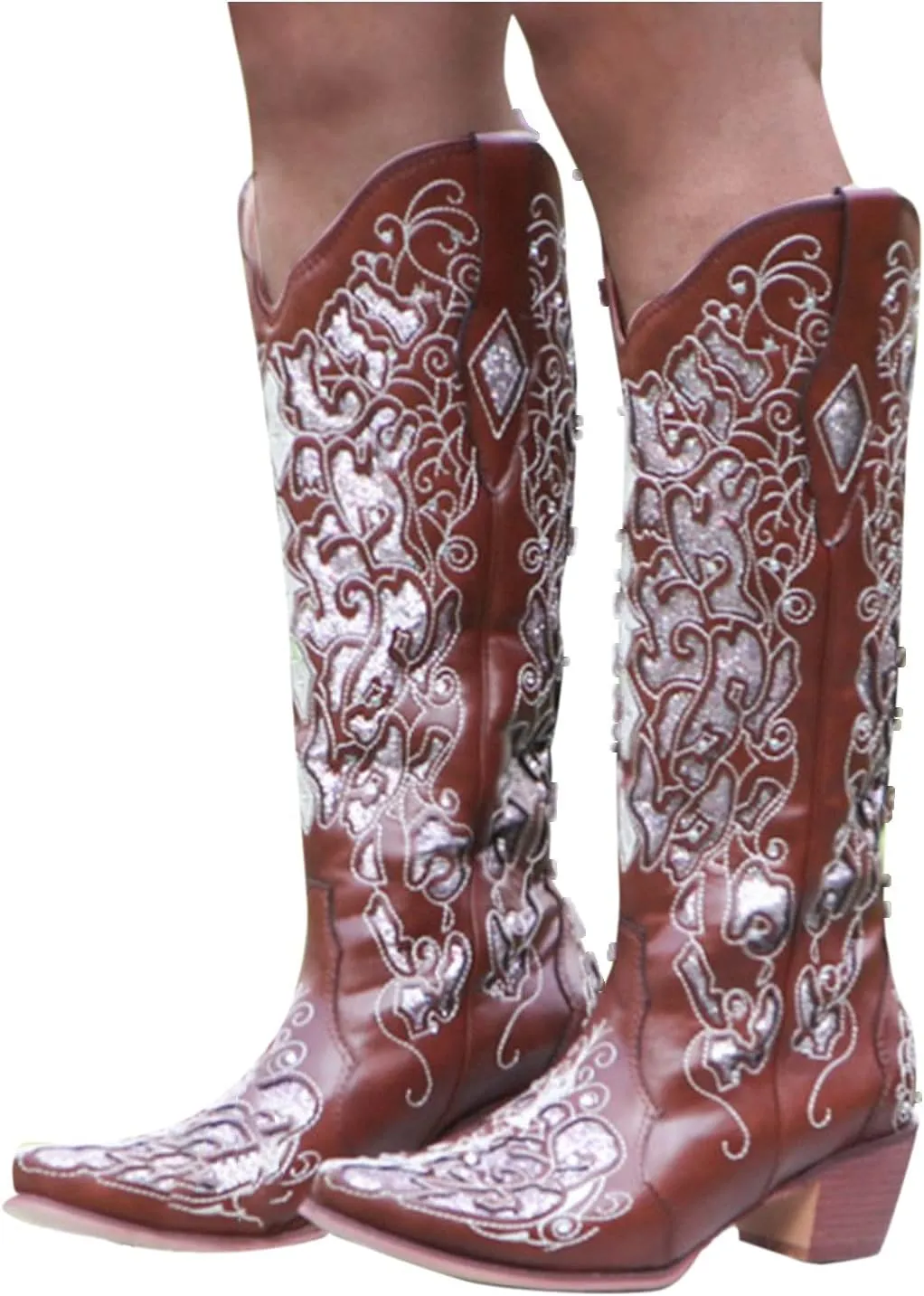 Cowboy Boots for Women Cowgirl Boots Western Boots Chunky Heel Pointed Toe Pull On Rhinestones Embroidered Knee High Boots Mid Calf Boots Fashion Long Tall Boots Sparkling Bride Wedding Shoes