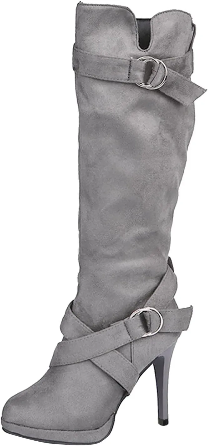 Cowboy Boots For Women High Heel Knee High Boots Side Zipper Suede Pointed Thigh High Boots Tall Long Boots