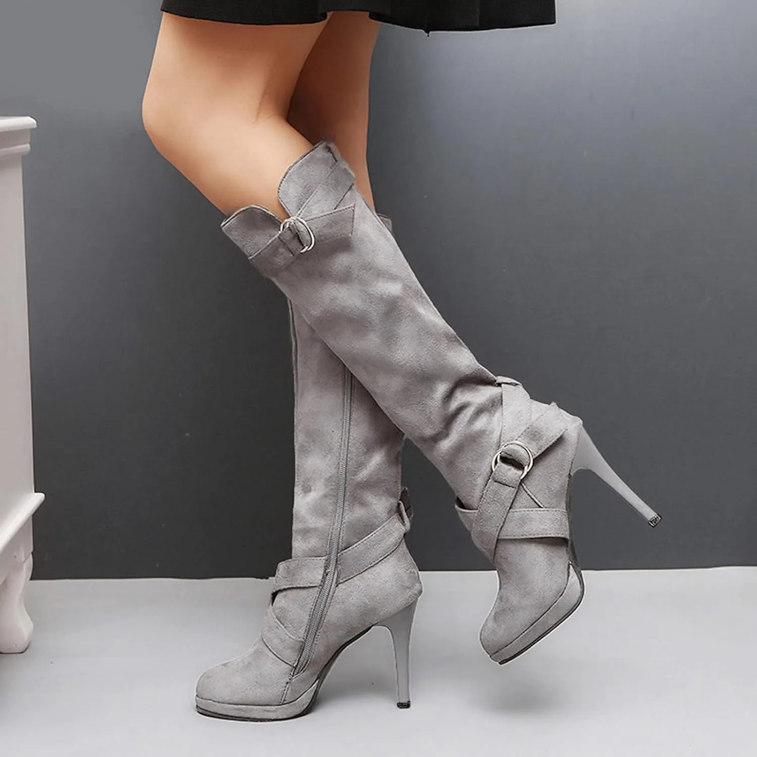 Cowboy Boots For Women High Heel Knee High Boots Side Zipper Suede Pointed Thigh High Boots Tall Long Boots