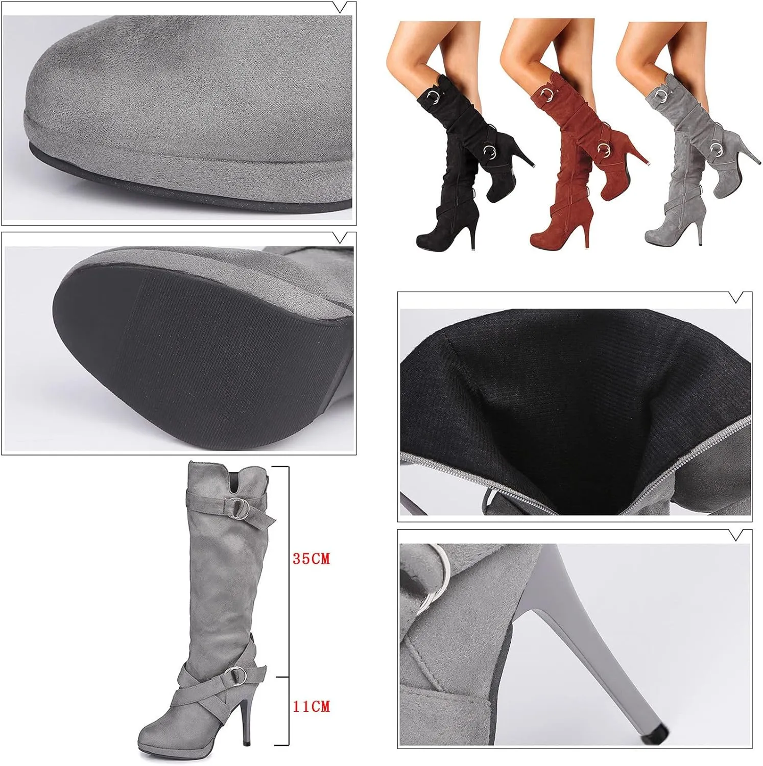 Cowboy Boots For Women High Heel Knee High Boots Side Zipper Suede Pointed Thigh High Boots Tall Long Boots