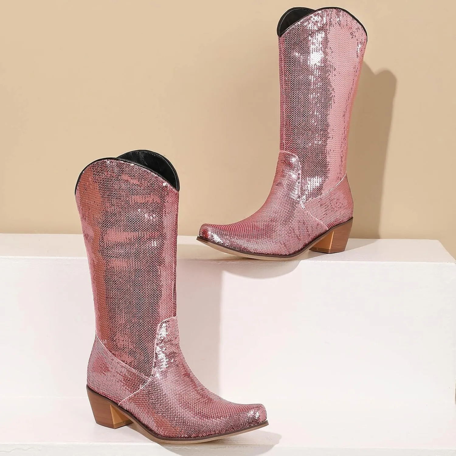 Cowboy Boots for Women Metallic Western Boots Chunky Heel Mid Calf Boots Pointed Toe Wide Calf Boots Combat Boots