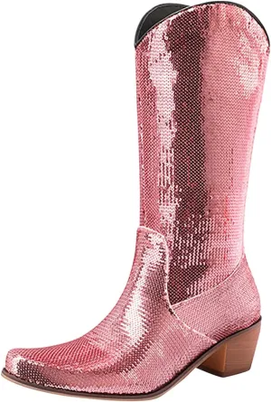 Cowboy Boots for Women Metallic Western Boots Chunky Heel Mid Calf Boots Pointed Toe Wide Calf Boots Combat Boots