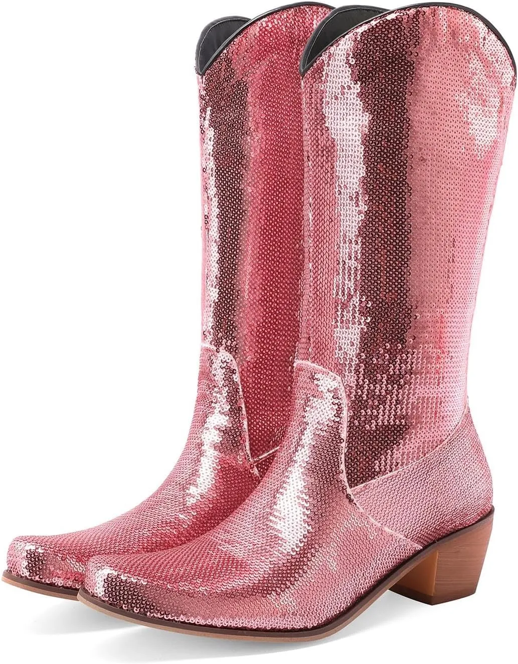 Cowboy Boots for Women Metallic Western Boots Chunky Heel Mid Calf Boots Pointed Toe Wide Calf Boots Combat Boots