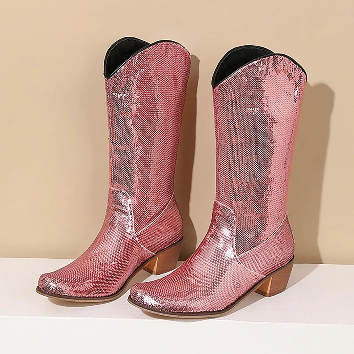 Cowboy Boots for Women Metallic Western Boots Chunky Heel Mid Calf Boots Pointed Toe Wide Calf Boots Combat Boots
