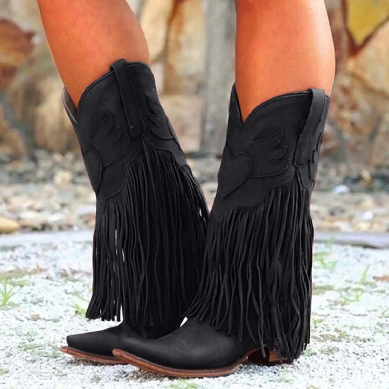 Cowboy Boots for Women Mid Calf Fringe Cowgirl Boots Fringe Western Low Heel Boots Wide Calf Riding Cowboy Boots