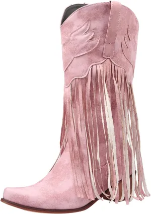 Cowboy Boots for Women Mid Calf Fringe Cowgirl Boots Fringe Western Low Heel Boots Wide Calf Riding Cowboy Boots