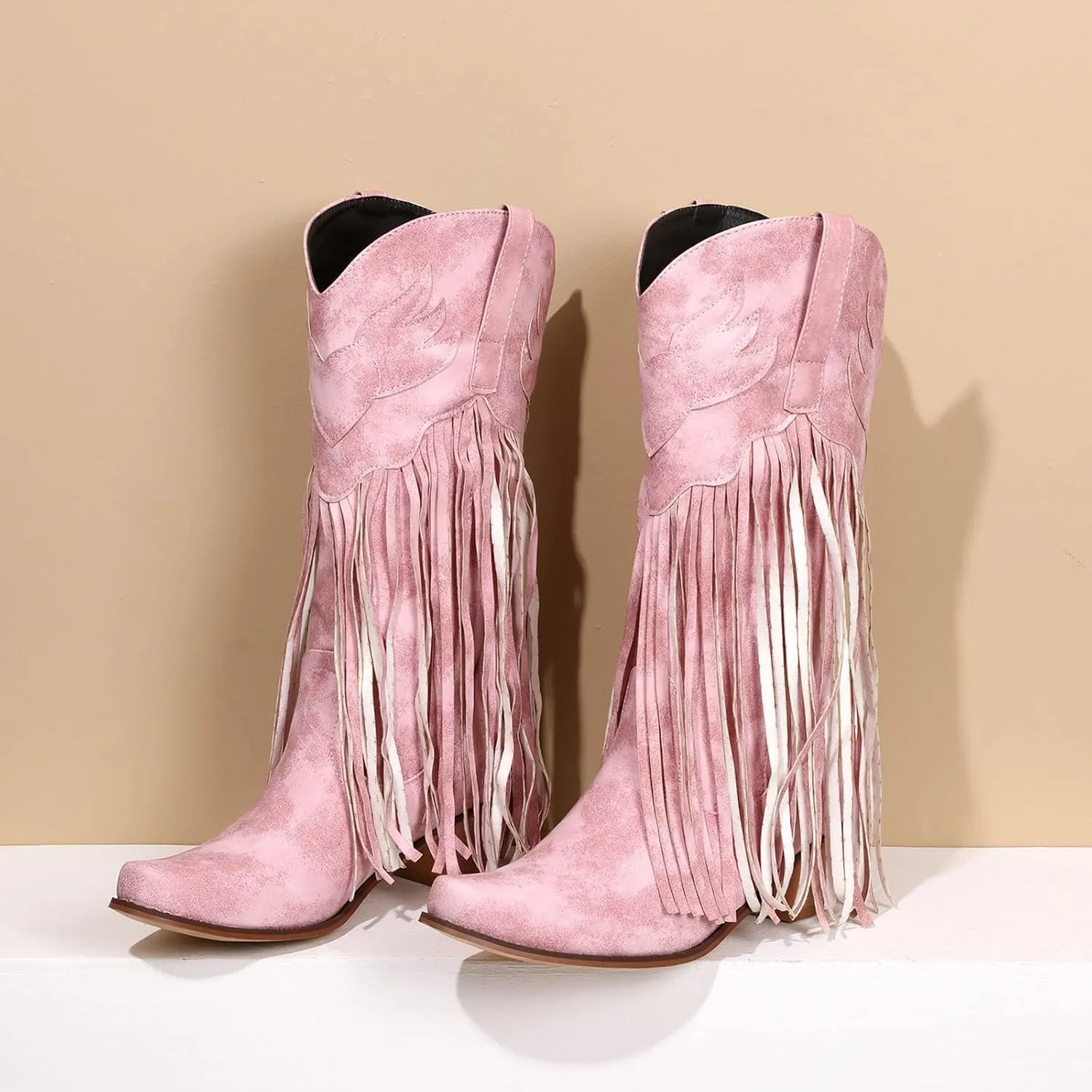 Cowboy Boots for Women Mid Calf Fringe Cowgirl Boots Fringe Western Low Heel Boots Wide Calf Riding Cowboy Boots