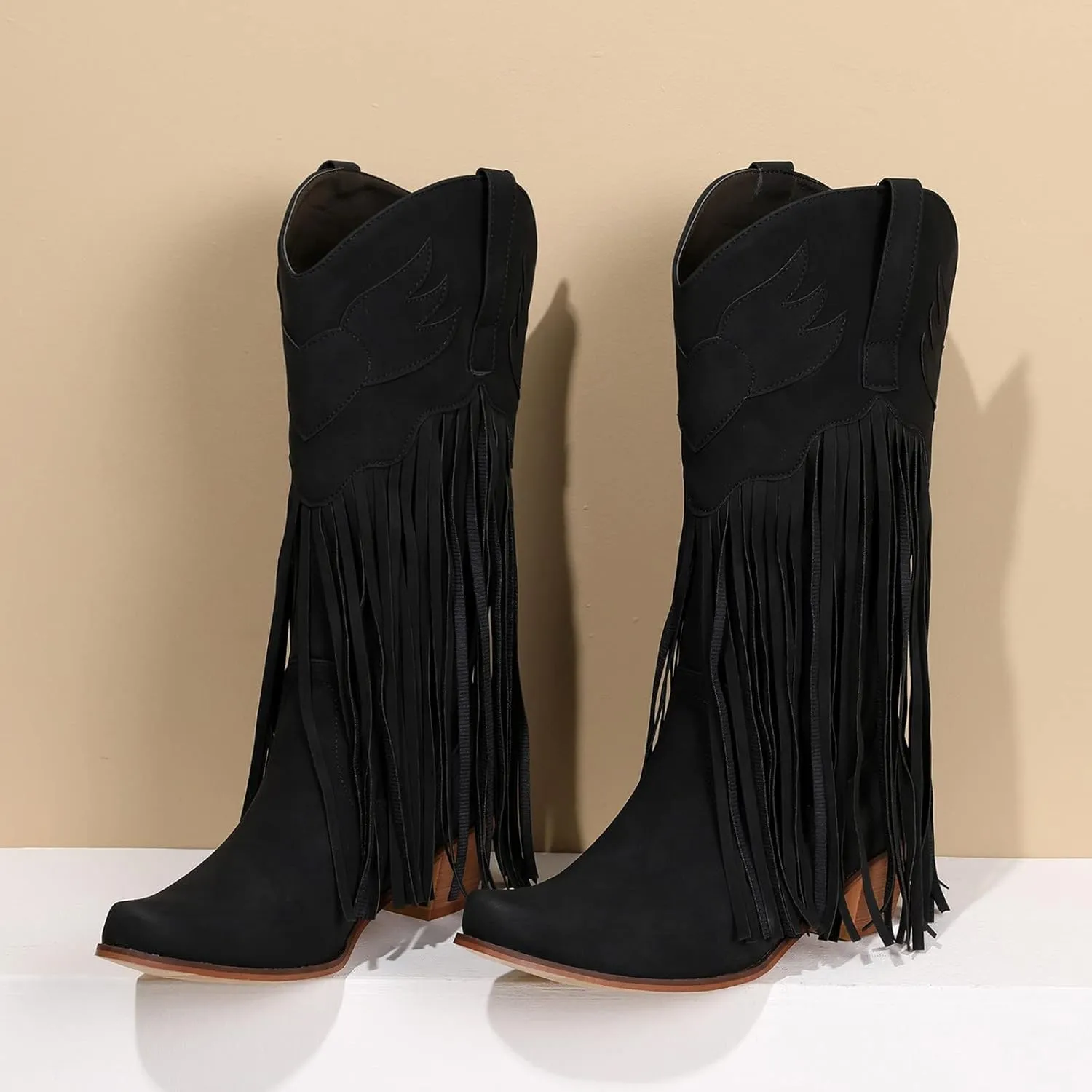 Cowboy Boots for Women Mid Calf Fringe Cowgirl Boots Fringe Western Low Heel Boots Wide Calf Riding Cowboy Boots