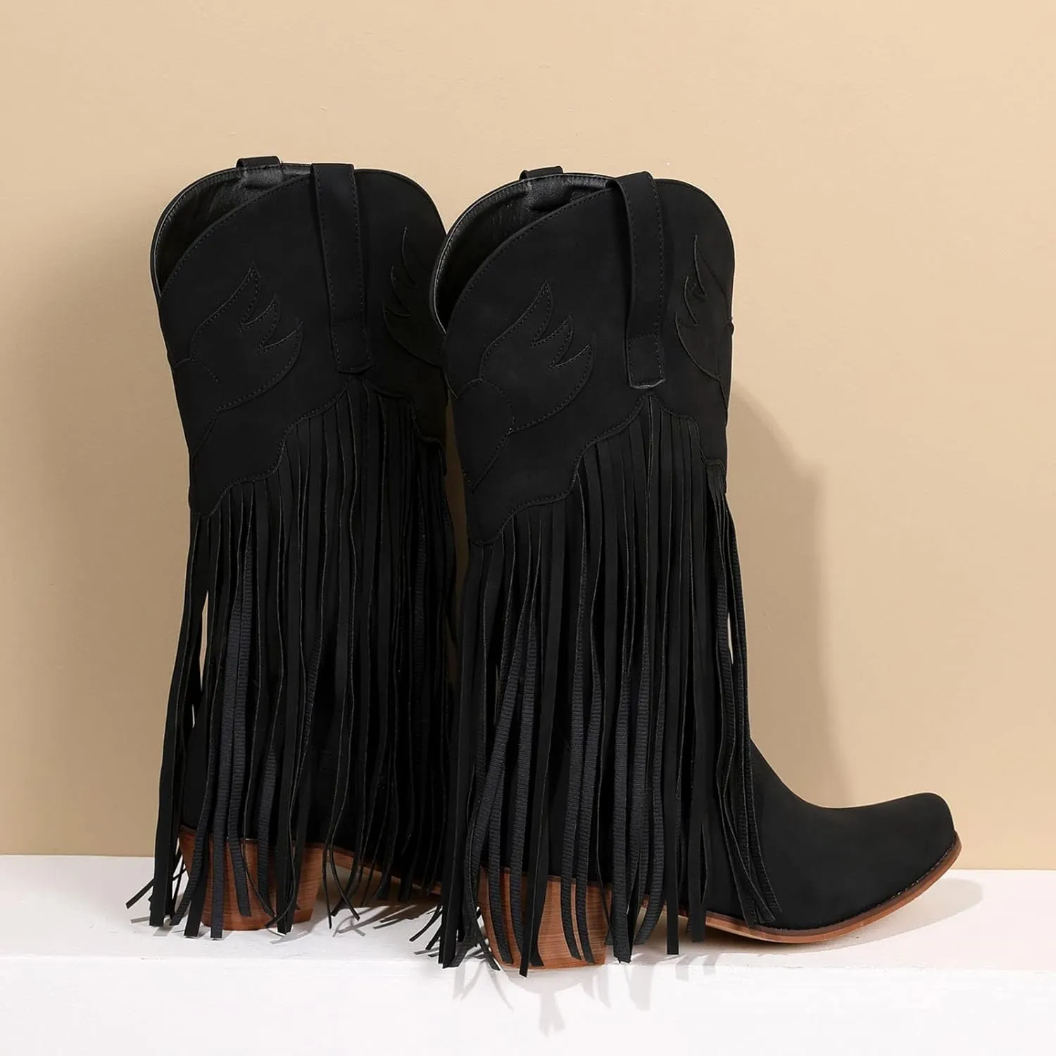 Cowboy Boots for Women Mid Calf Fringe Cowgirl Boots Fringe Western Low Heel Boots Wide Calf Riding Cowboy Boots