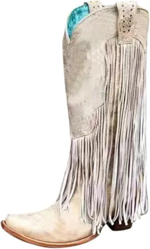 Cowboy Boots for Women Mid Calf Fringe Cowgirl Boots Fringe Western Low Heel Boots Wide Calf Riding Cowboy Boots