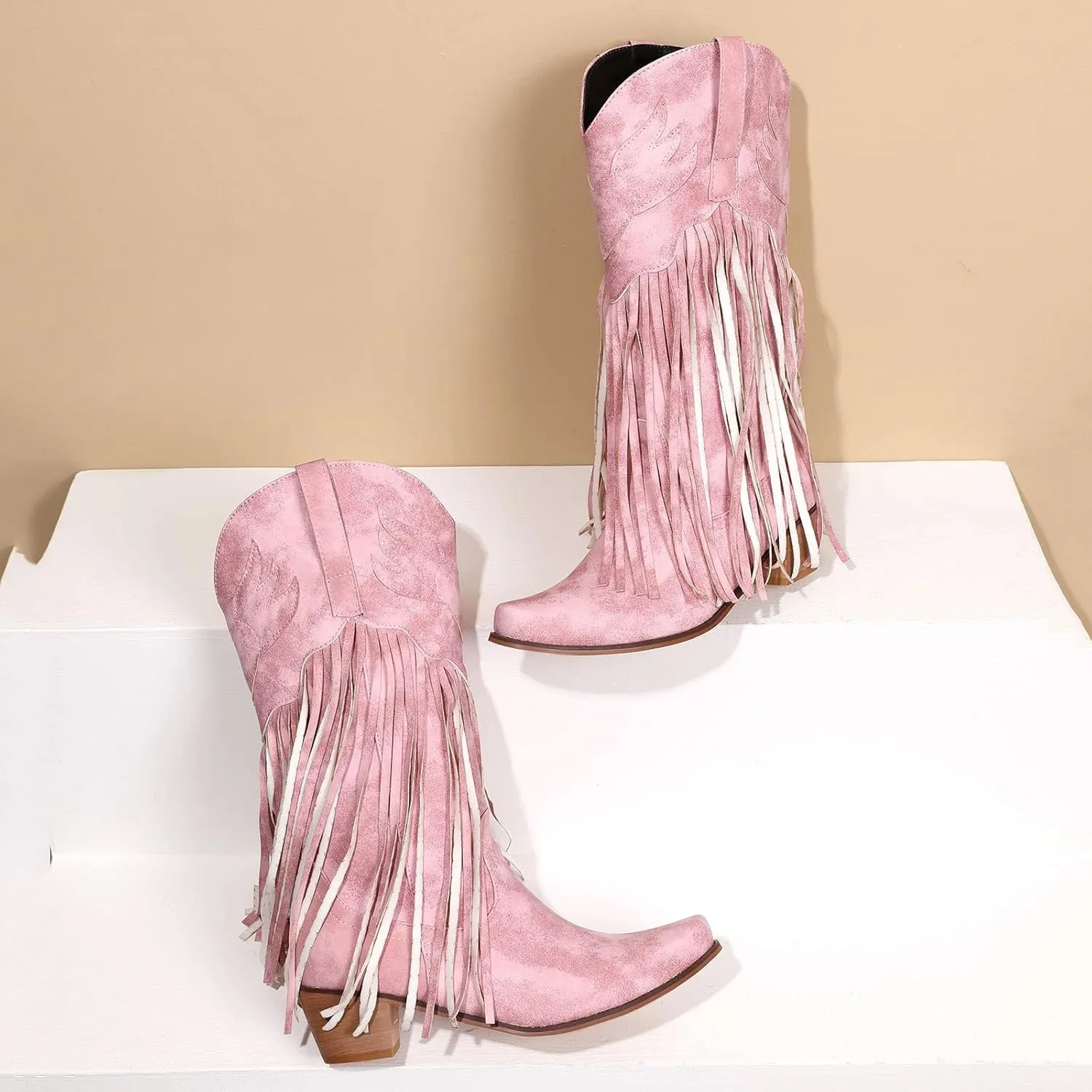 Cowboy Boots for Women Mid Calf Fringe Cowgirl Boots Fringe Western Low Heel Boots Wide Calf Riding Cowboy Boots