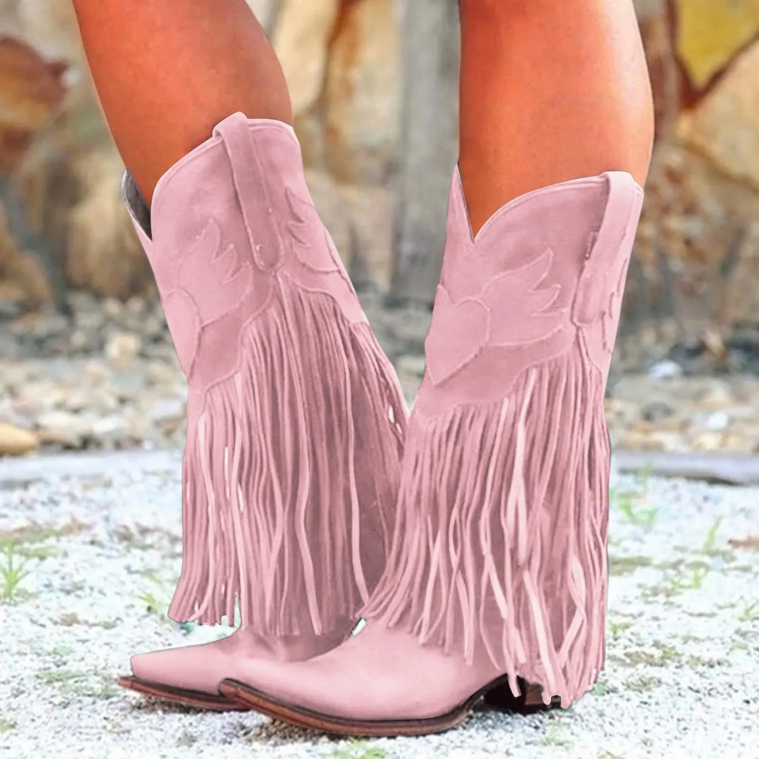 Cowboy Boots for Women Mid Calf Fringe Cowgirl Boots Fringe Western Low Heel Boots Wide Calf Riding Cowboy Boots