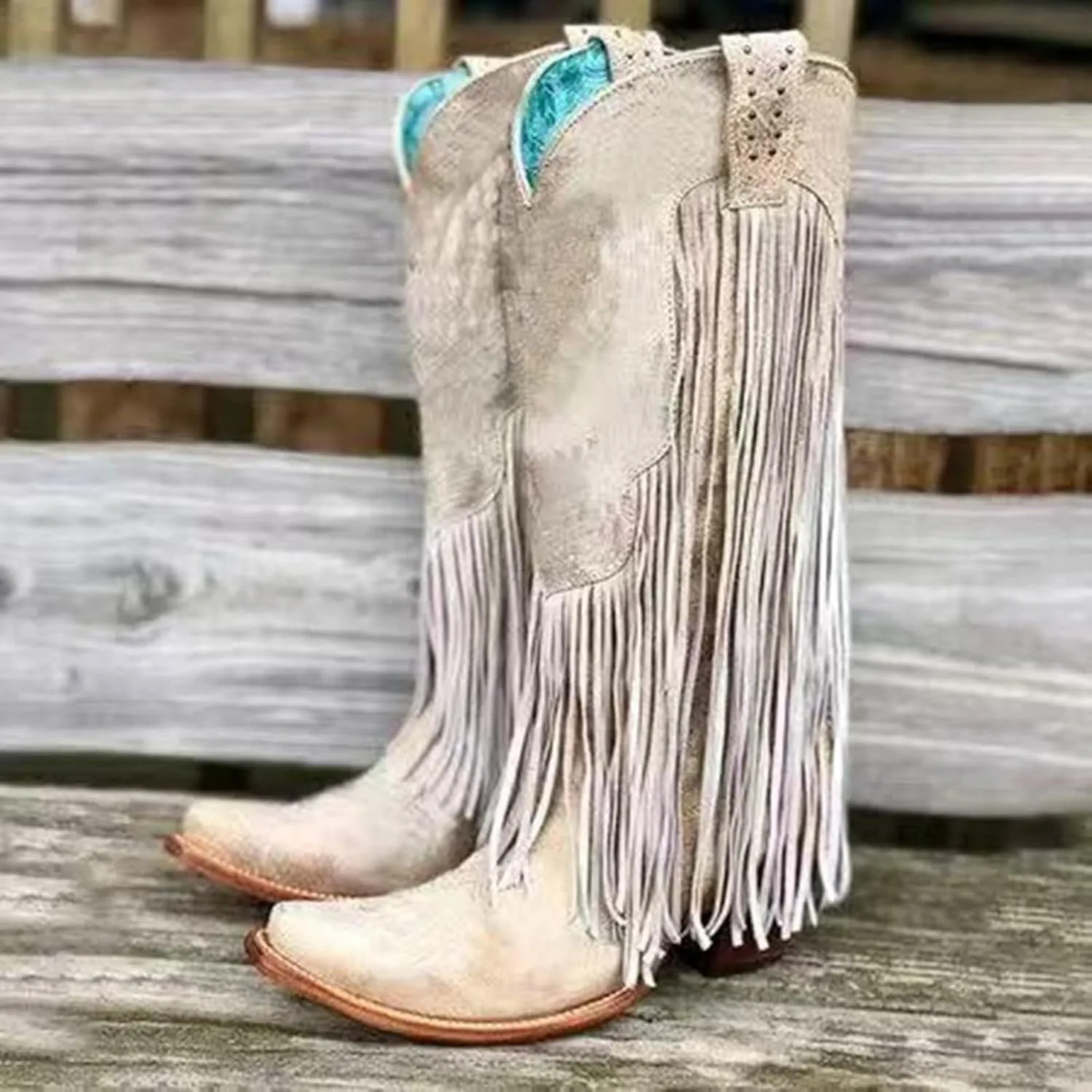 Cowboy Boots for Women Mid Calf Fringe Cowgirl Boots Fringe Western Low Heel Boots Wide Calf Riding Cowboy Boots